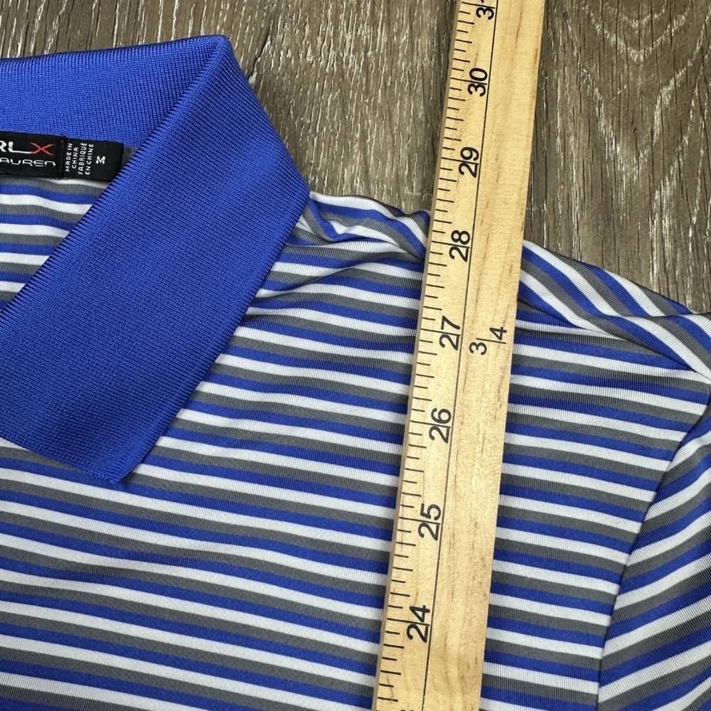 RLX Ralph Lauren Mens Striped Golf Polo Shirt Blue White Grey Size Medium Pocket - Picture 7 of 8